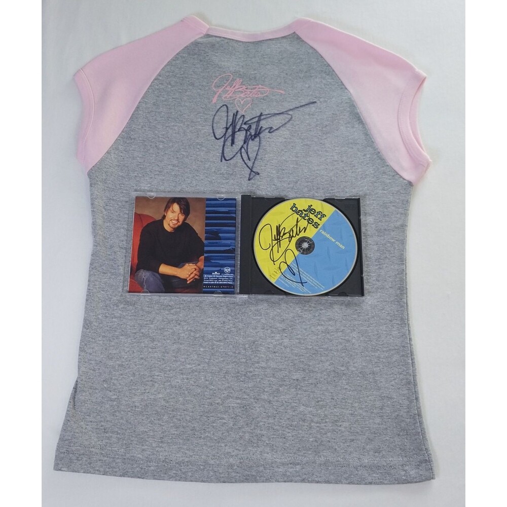 Jeff Bates Signed CD Album Rainbow Man & Signed Hey Baby Pink Raglan Top Large